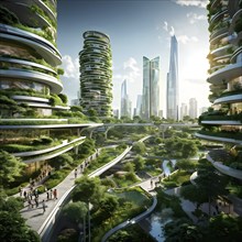 3d rendering of a futuristic green ecological city with skyscrapers draped in vertical gardens, AI