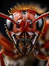 Extreme close-up of a red ant (Formica rufa), focusing on its sharp mandibles, textured