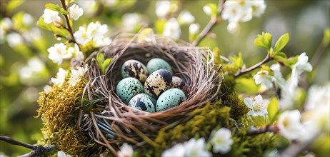 Bird nest filled with speckled eggs, nestled among fresh spring branches and soft moss, AI