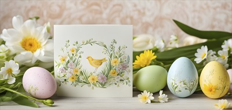 Easter card with delicate hand-drawn illustrations, placed among fresh flowers and decorated eggs,