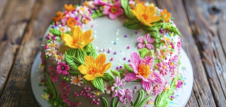 Decorated Easter cake with intricate icing flowers and colorful sprinkles, placed on a rustic