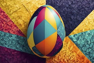 Abstract Easter egg design with geometric patterns, bold colors, and a mix of textures, creating a