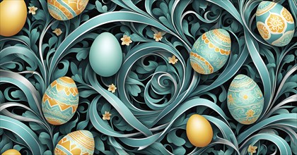 A whimsical abstract pattern with intertwined ribbons, eggs, and floral motifs, with a mix of sharp