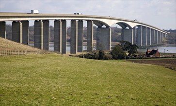 The Orwell Bridge opened in 1982 carries the A14 trunk road over the River Orwell, Ipswich,