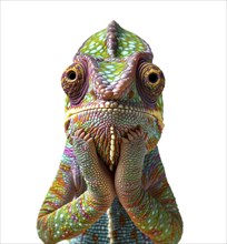 Beautiful contemplative chamaeleon with his hands on his chin isolated on a white background, AI