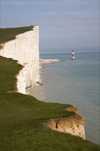 Beachy Head lighthouse and chalk cliffs, East Sussex, England, United Kingdom, Europe