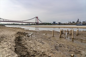 Rhine at Emmerich, extremely low water, Rhine level at 0 cm, falling trend, Rhine bridge B220,