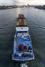 Container freighter, Amor Navi, cargo ship on the Rhine near Leverkusen, North Rhine-Westphalia,