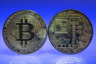 Bitcoin, cryptocurrency, symbol coin, optical placeholder for the digital currency, front and back,