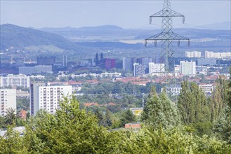 Panoramic view over Gorbitz to Strehlen church, demk gasometer, Borsber and the foothills of Saxon