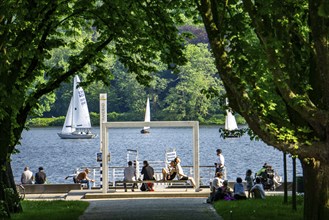 Lake Baldeney in Essen, tree-lined avenue at Seaside Beach, jetty of the White Fleet, lido, sailing