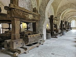 Lay refectory, exhibition of historical wine presses from the period 1668 to 1801, Eberbach