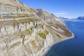 Aerial view over the mountains of Skansbukta in the outer Billefjorden, Billefjord, southeast of