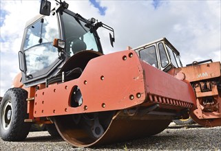 Road roller, rolling on a construction site, road construction, Denmark, Europe