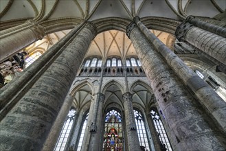 Gothic St. Nicholas Church, Vaulted ceiling and columns of the central nave, Ghent, Flanders,