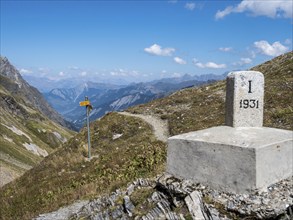 Hiking path, pass petit col Ferret, border Switzerland-Italy, signposts, view towards Val de