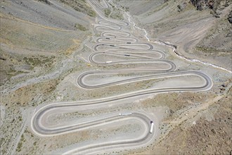 Mountain pass Los Caracoles, The Snails, road connecting Chile and Argentina, aerial view, Chile,