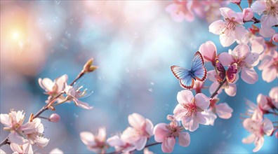 A blue and white background with pink flowers. Cherry blossom and Sakura concept, AI generated