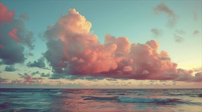 Beautiful sunset over the ocean with pink clouds. Serene and calm scene. Caribbean vacation, AI