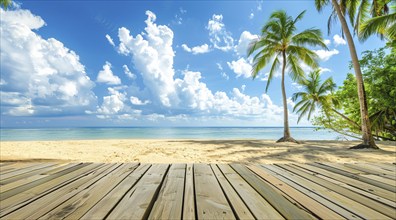 A beautiful beach with a palm tree in the foreground. Concept of relaxation, vacation and cruise,