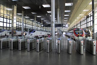 Ticket barriers and RENFE trains at platform railway station building interior, Cadiz, Spain,