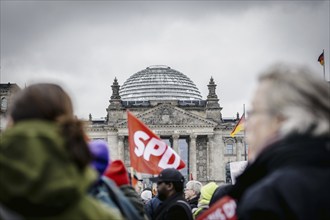 SPD flag in front of the Reichstag building. Taken at the large demonstration against the right in