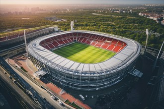 Aerial bird eye top view of a soccer football field stadium on sunset, AI generated