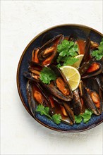 Mussels in tomato sauce, homemade, no people