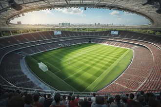 A soccer field with a large crowd of people spectators fans watching the game view. The stadium is