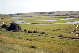 Large looping meanders on the River Cuckmere, East Sussex, England, United Kingdom, Europe