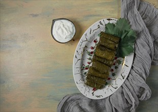 Dolma, cabbage rolls in grape leaves, Traditional Armenian dish, with white sauce, top view,