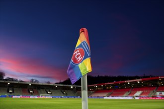 Stadium, interior, logo, 1. FC Heidenheim 1846, corner flag in LGBT colours Lesbian, Gay, Bisexual,