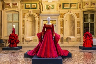 Red silk Mikado wedding dress in various shades of red with embroidered bodice, 2009, exhibition of