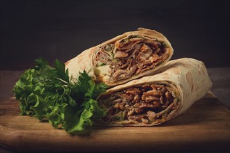 Cut shawarma, 2 pieces, on a cutting board, close-up