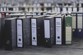 File folders stand in front of the Federal Chancellery as part of a protest action by the German