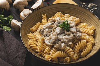 Fusilli pasta, with champignons in cream sauce, top view, with ingredients, on a wooden table, no