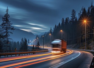 Long haul container truck carrying commercial cargo delivery between cities on a freeway, AI