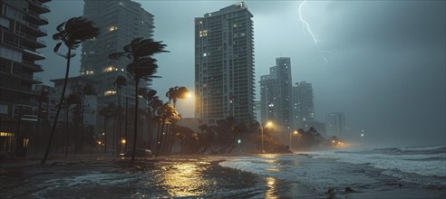 Hurricane destroys city shore, infrastructure and causing damage and floods, AI generated