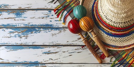 Mexico festive wooden background with sombrero, serape and maracas in flat lay view, AI generated