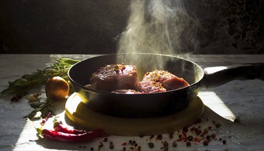 Delicious meat stakes cooked on a pan. Wooden cutting board with spices and oil, AI generated