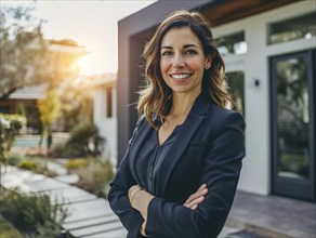 Successful realtor standing in front of modern luxury real estate she sold for upscale clients, AI