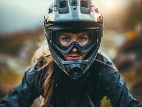 Yonge lady riding off-road mountain sport bike over extreme rough terrain, AI generated