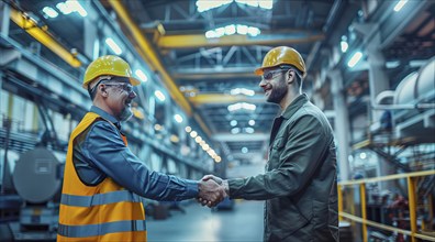 Engineer shakes hands with project manager in a modern factory, AI generated