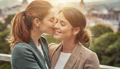 Two women are kissing each other.. Scene is romantic and intimate, AI generated