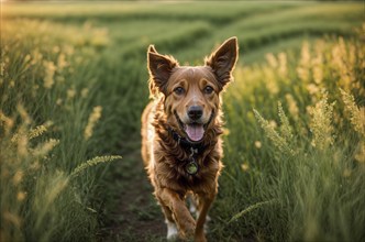 Playful dog puppy running in the field, AI generated