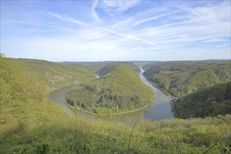 Saarschleife, landscape with Hunsrück and Saar, river bend, river bend, tourist attraction, view