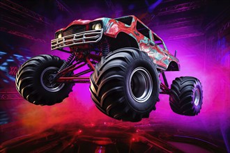 Monster truck with neon lighting, jumping off-road in cloud of dust. Excitement and thrill of an