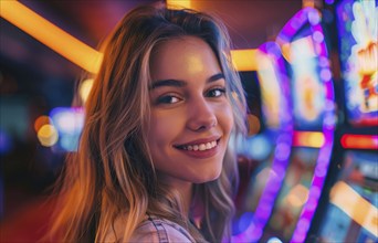 Attractive lady in casino betting her money in casino machines hoping for a win, AI generated