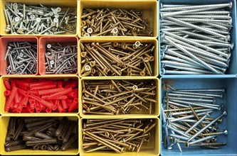 Colourful carpentry box of metal screws viewed rom above