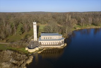 Aerial view of the Sacrower Heilandskirche in the Potsdam district of Sacrow, 10.12.2019